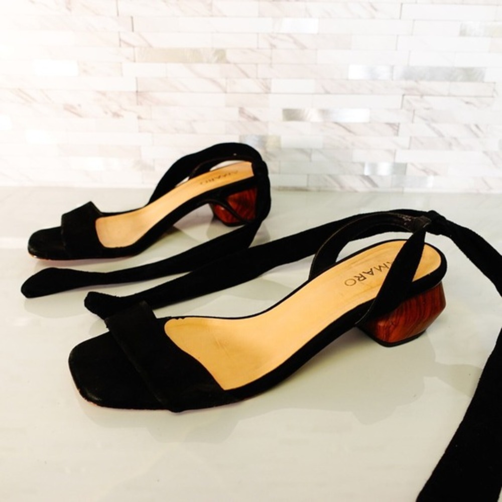 Black‎ Ankle Tie Boho Sandals Womens 6 Cottagecore Wood Heel Square Toe AMARO